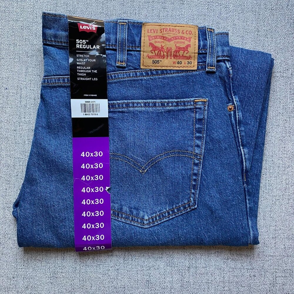 NEW Men's Levi's 505 Regular Stretch Straight Leg Blue Denim Jeans, 40x30